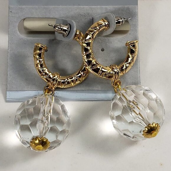 Gold-Tone Textured Hoop Earrings w/ Clear Crystal Drop – Bold Statement Jewelry - Picture 8 of 8